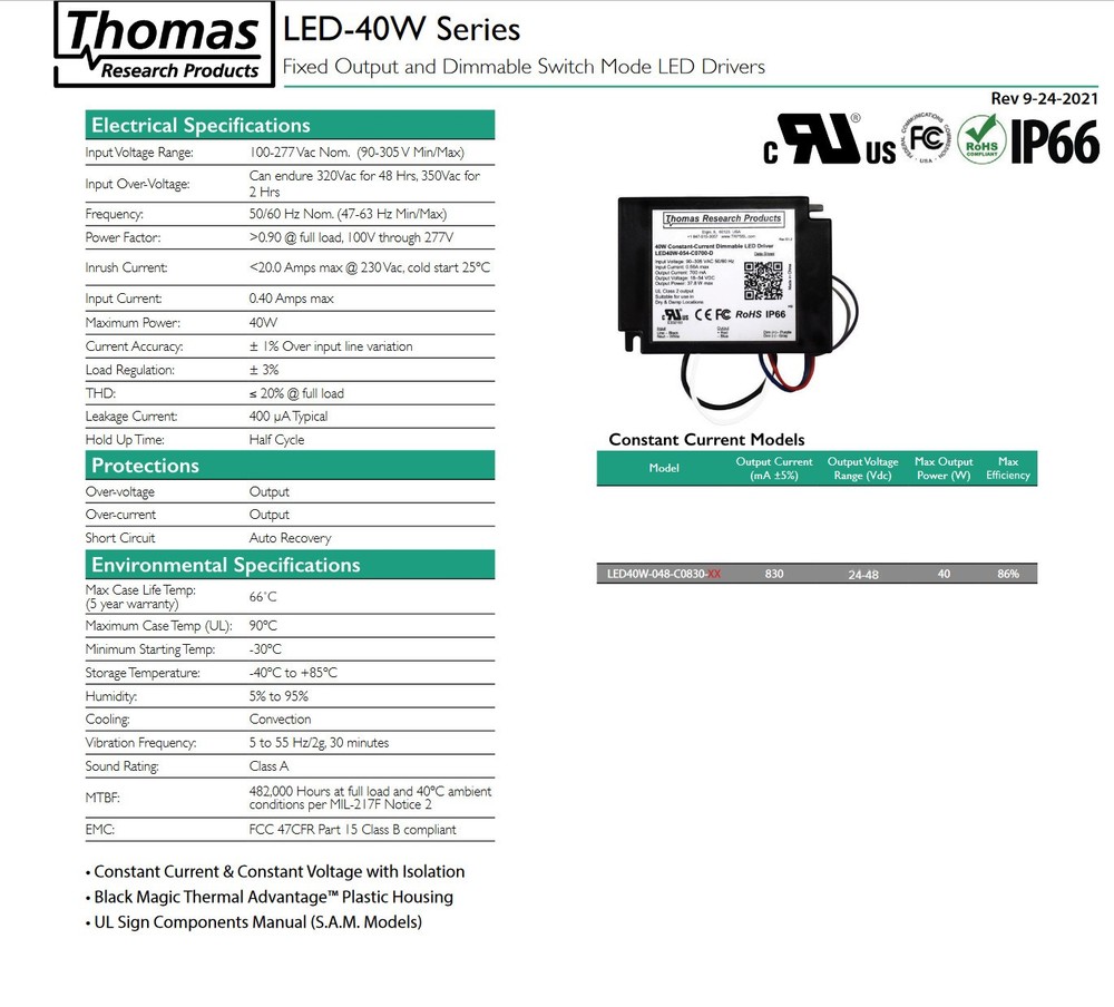 Hubbell Thomas Research LED40W-C0830-D Fixed Output Dimmable Switch Mode LED