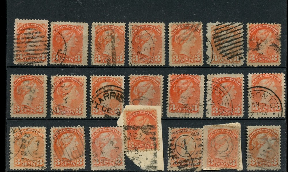 21 -- SMALL QUEEN 3 cent Various cancels, corks, used lot CAnada