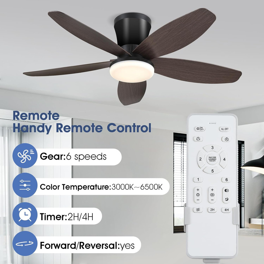 Modern 36" Ceiling Fan with Light & Remote - Low Profile, Dimmable, Brown