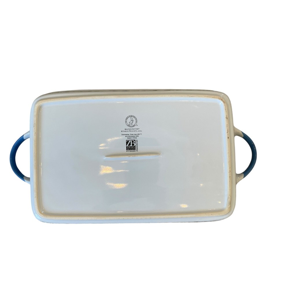 Beatrix Potter Peter Rabbit Rectangular Ceramic Baker Blue Rim Easter NEW