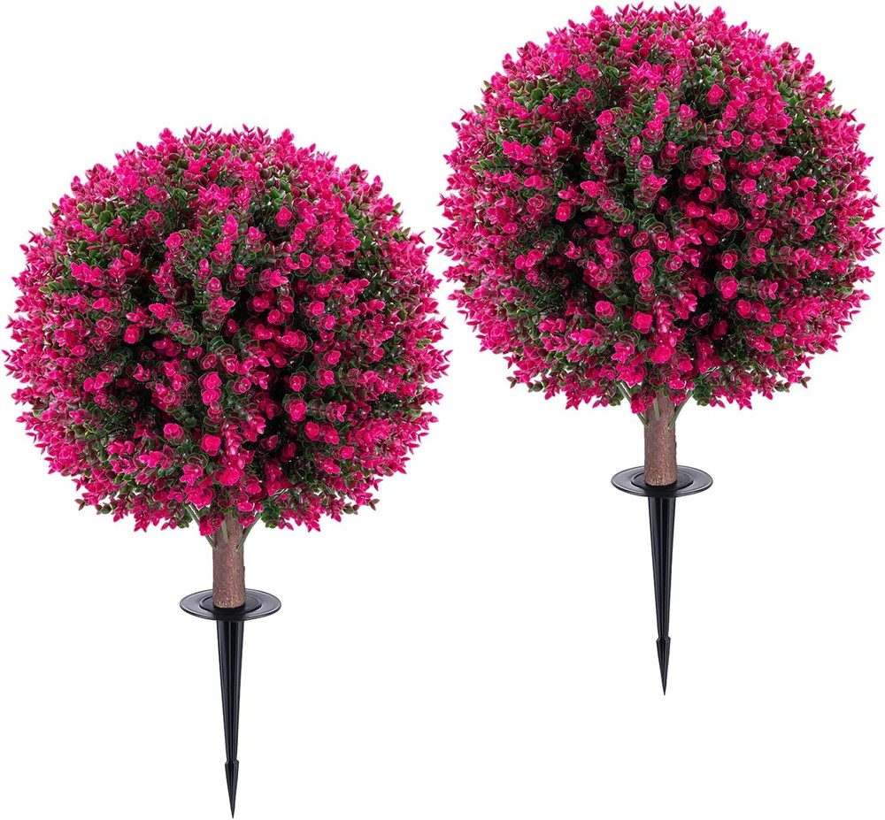 2 Set 26" Artificial Boxwood Topiary Ball Trees with Pink Eucalyptus Accents
