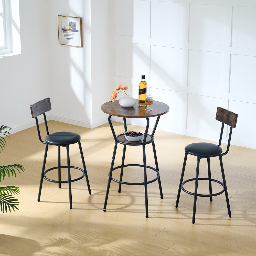 36" Round Bar Table & Upholstered Stool Set with Shelf, Rustic Brown