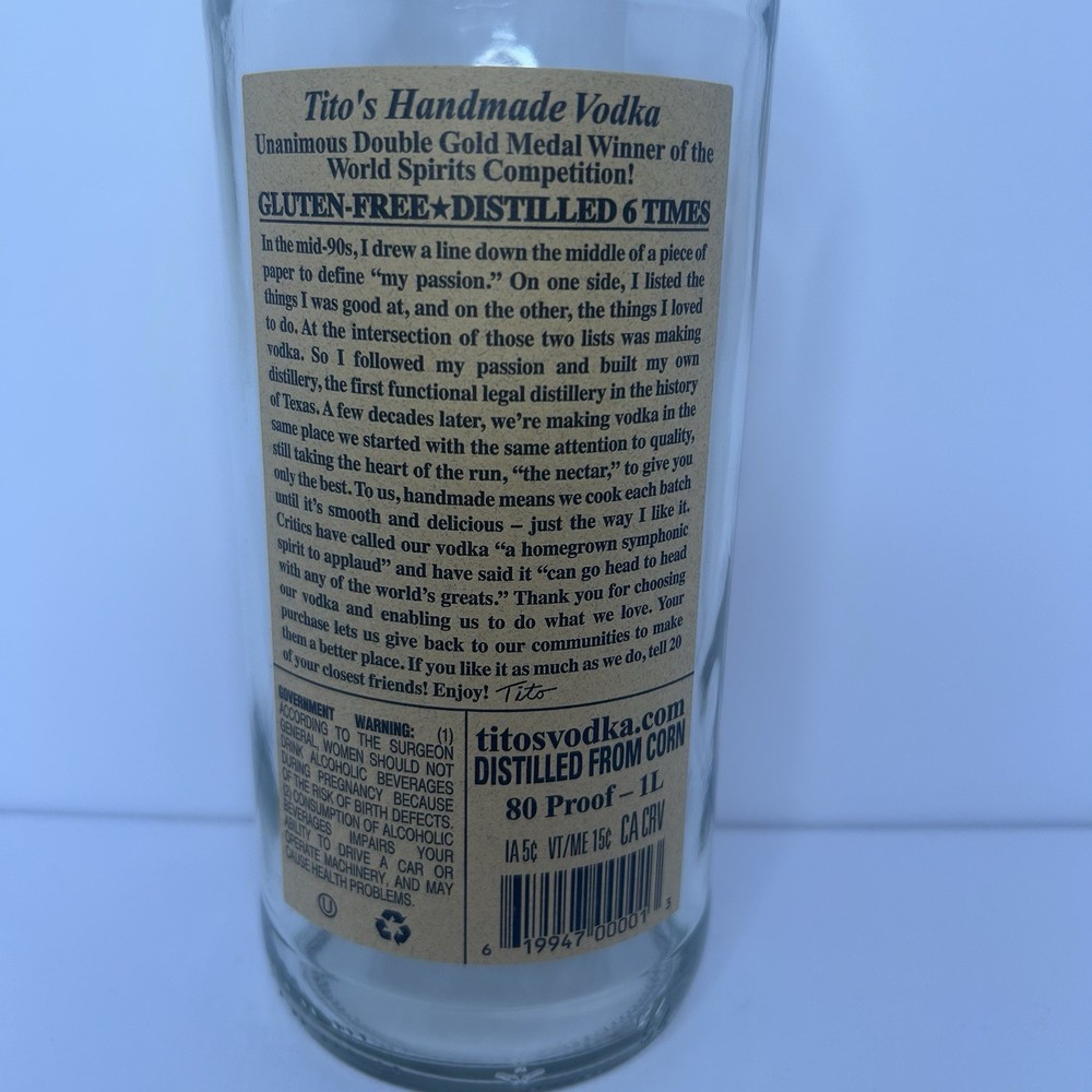Tito's Handmade Vodka 1L Empty Bottle W/ Cap