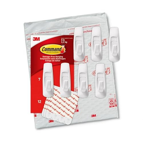 Command 5 lb Large Utility Hooks, 7 Hooks and 12 Strips, Large, White