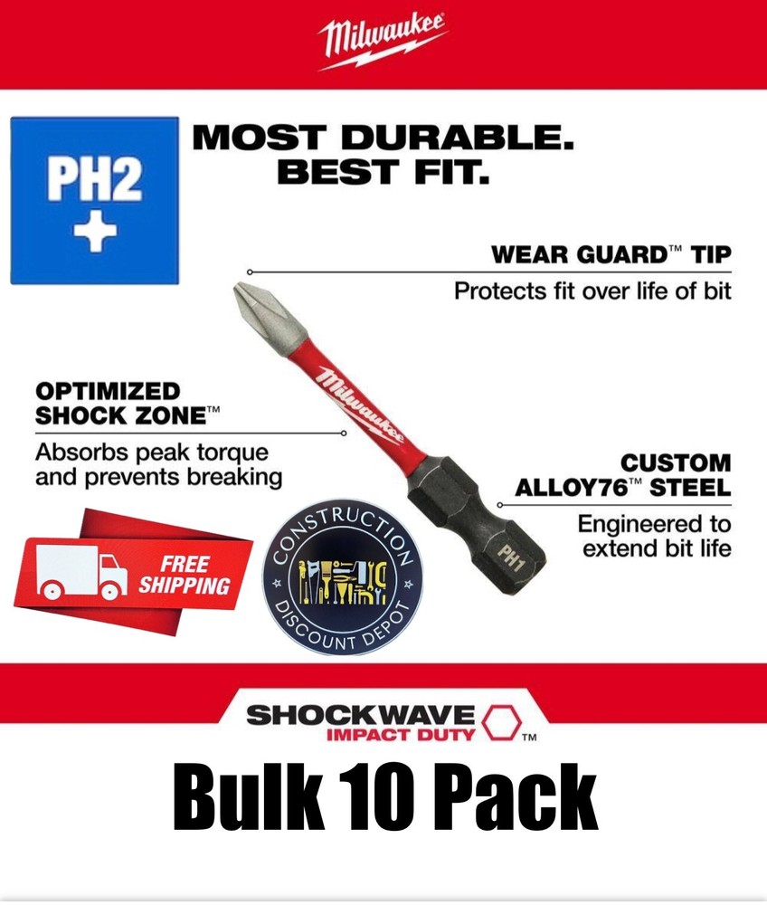 Bulk 10 Phillips PH2 Milwaukee Shockwave Impact Duty Bit Set Screw Driver Bits