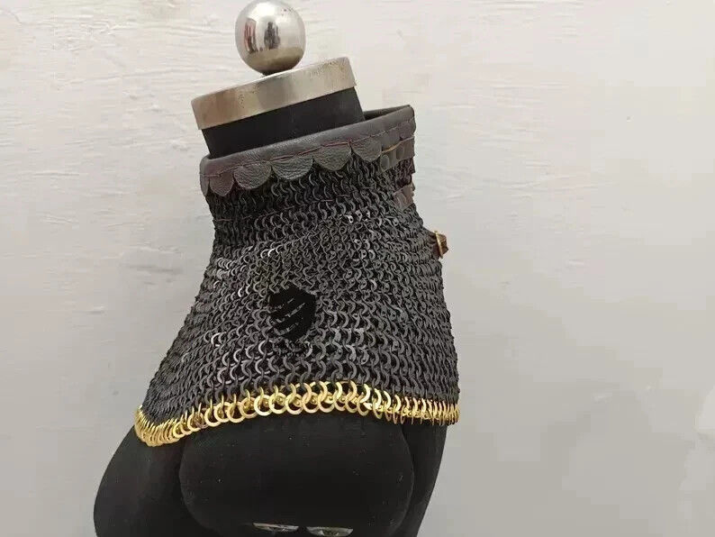 Chainmail Collar Flat Ring Riveted With Brass Trim Medieval Gorget SCA LARP