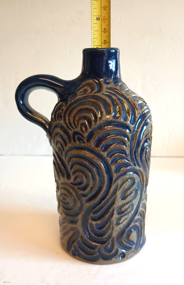 Studio Art Pottery Jug Raised Relief Blue Glazed Handle Signed