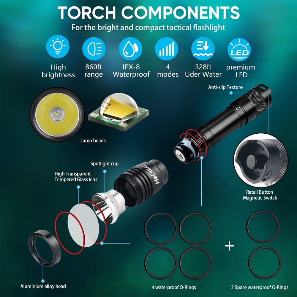 2 Pack Scuba Diving Flashlight with Rechargeable Power Dive Light Torch 3000 ...
