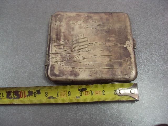 Antique Cigarette case Sterling silver 950 carving engraving ship monogram