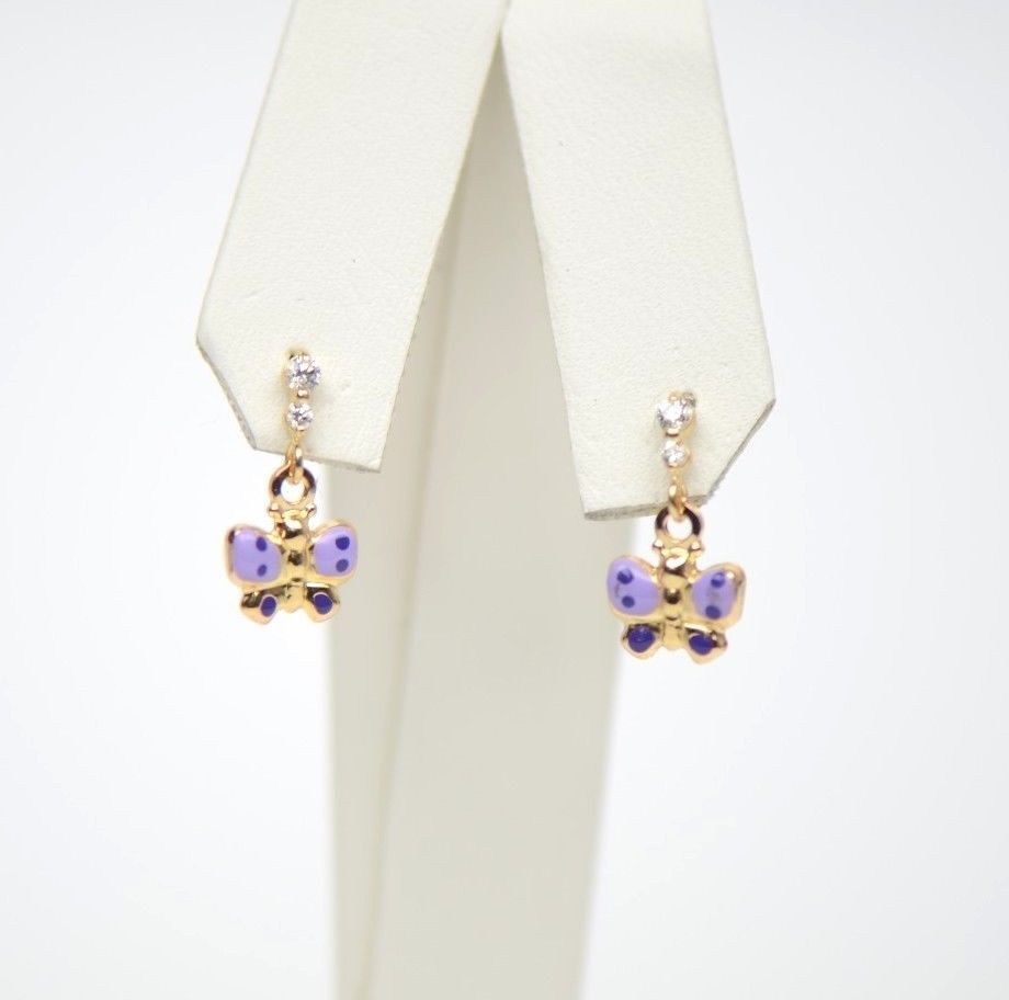 14K Solid Yellow Gold Butterfly Dangle Earring with Enamel