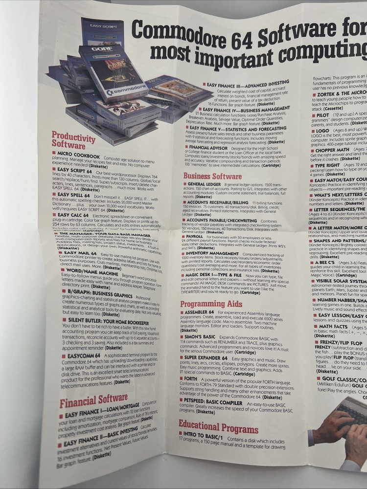 Vintage Commodore 64 Hardware / Software 5-fold Brochure Comparison Ad 1984