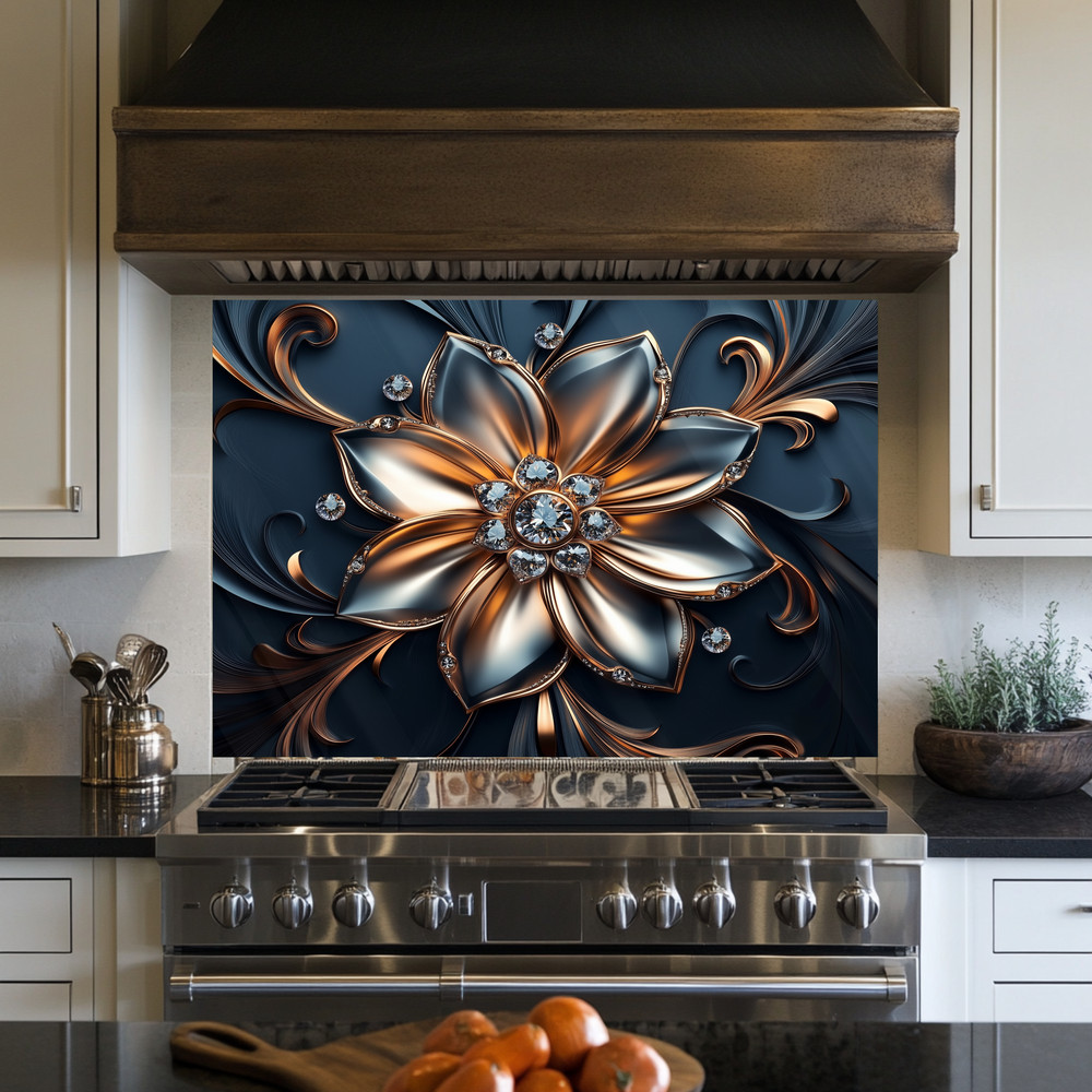 Silver & Copper Floral Backsplash Panel, Luxury Diamond Flower Kitchen Wall Art