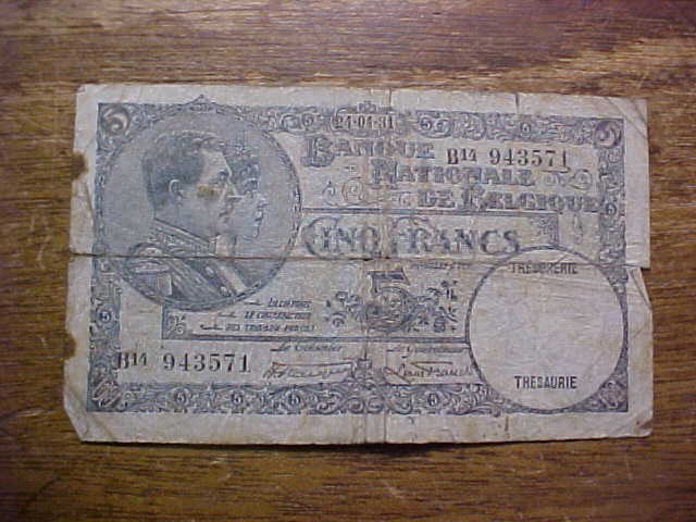 1931 Belgium 5 Francs Banknote