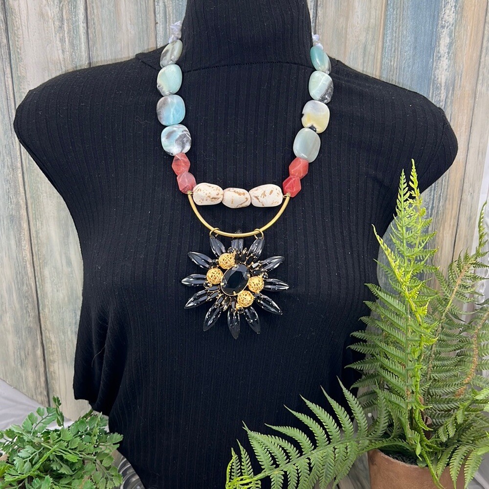 Adorned Crown Artisan Assemblage enamel black flower multi stone bead necklace