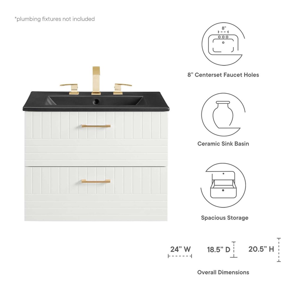 Modway Daybreak 24" Wall-Mount Bathroom Vanity in White Black
