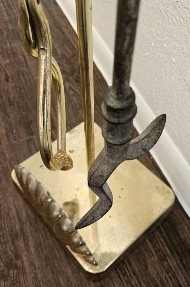 Vintage S.M.I. Solid Brass Fireplace Tool Set | Heavy Shell Nautical 29" | MCM