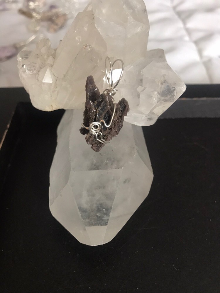 Rare Etched Axinite Sterling Silver Wrapped Pendant