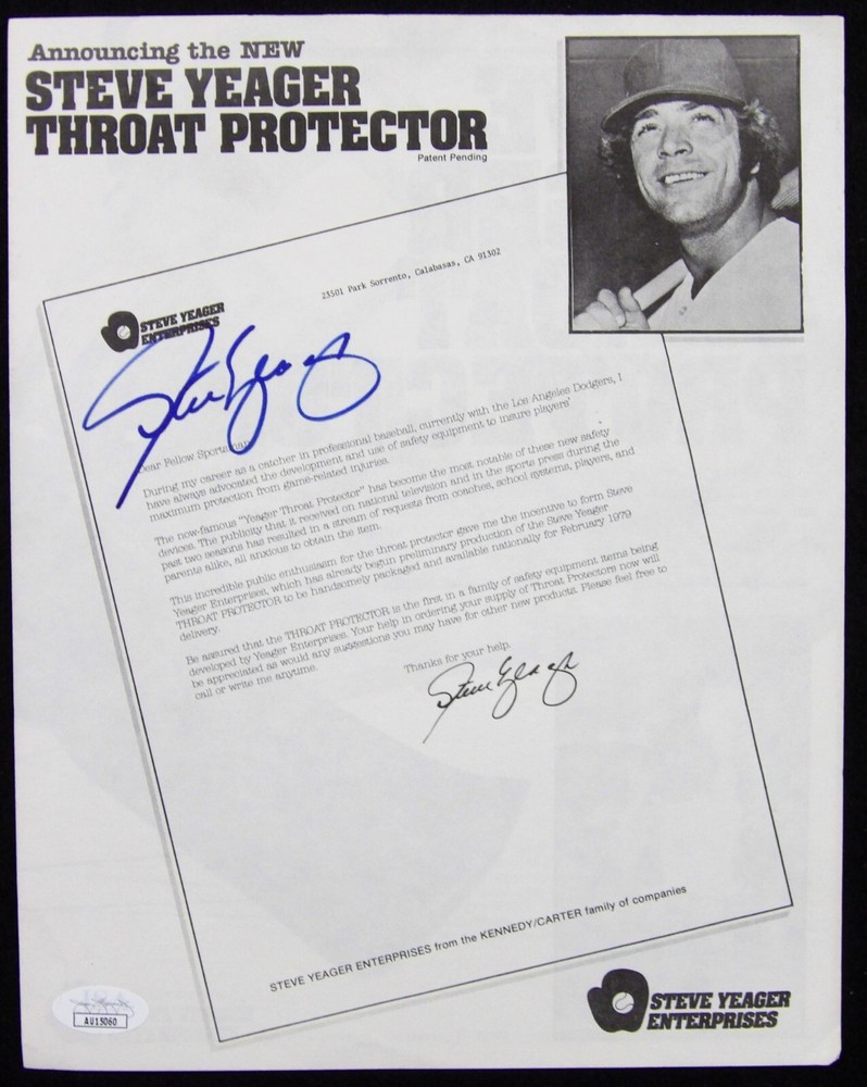 Steve Yeager Signed Throat Protector 8.5x11 Flyer JSA Authenticated