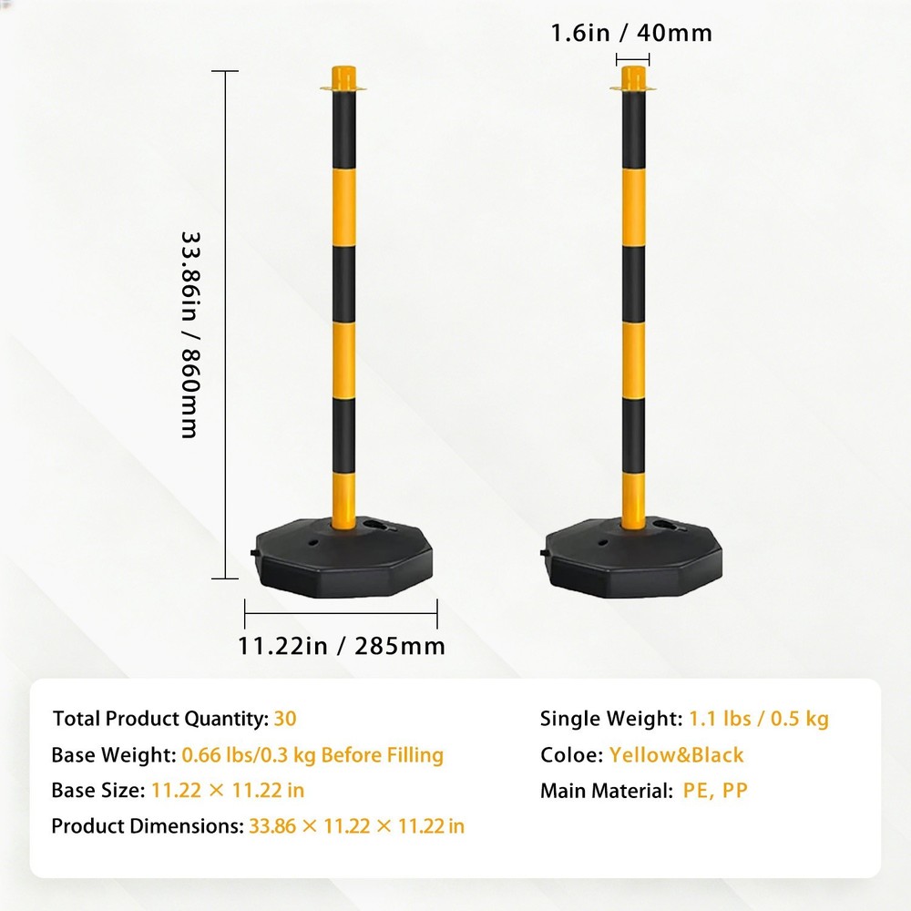 30Pack 34"Adjustable Delineator Post Cones Fillable Base6.6FT Chain Yellow&Black
