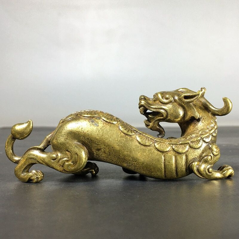 Antique Brass Solid Dragon Ornament Small Brass Ware, Study Office Desktop Ruler