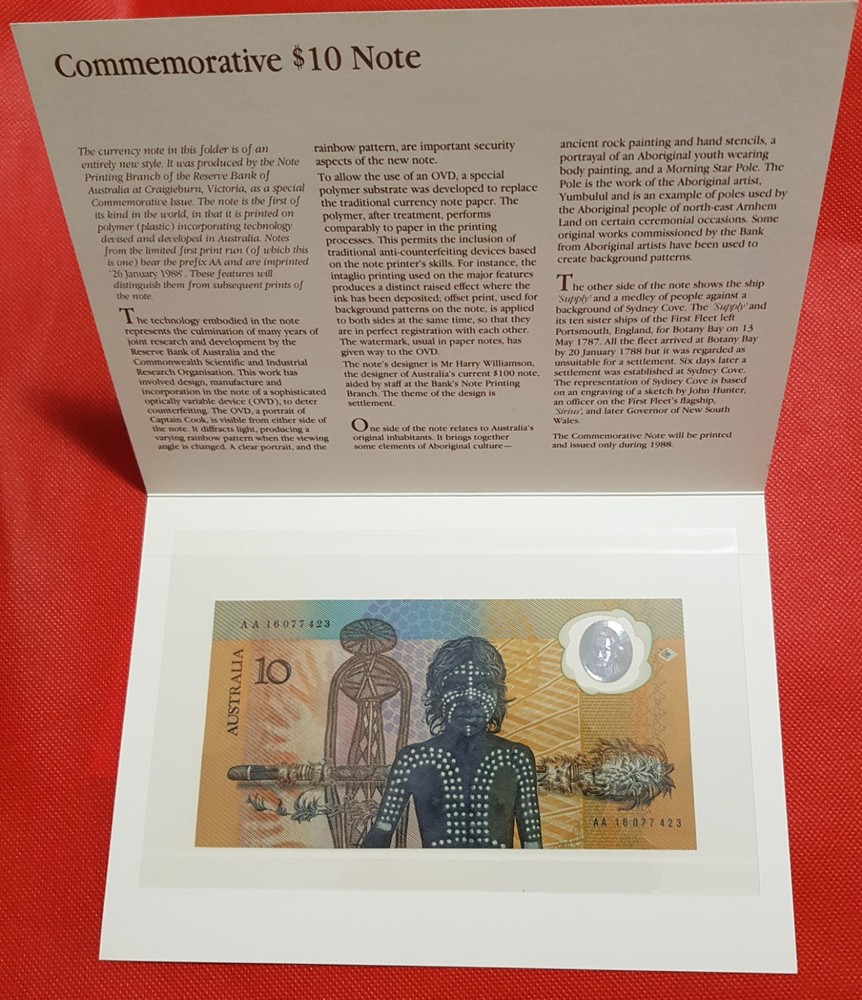 1988 AUSTRALIAN  $10 FRASER/JOHNSTON FIRST POLYMER NOTE INV. FOLDER AA 16 077423