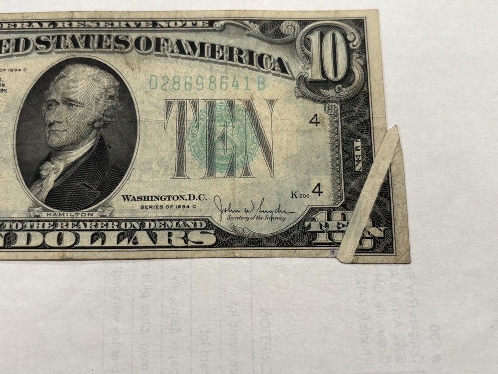 1934C $10 Federal Reserve Note GUTTER FOLD ERROR