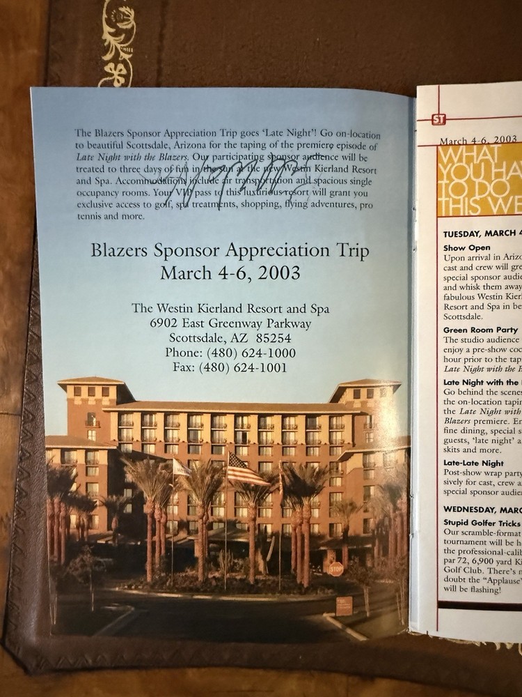 Program From blazers 2003 Sponsor Appreciation Trip. Signed By Bill Walton