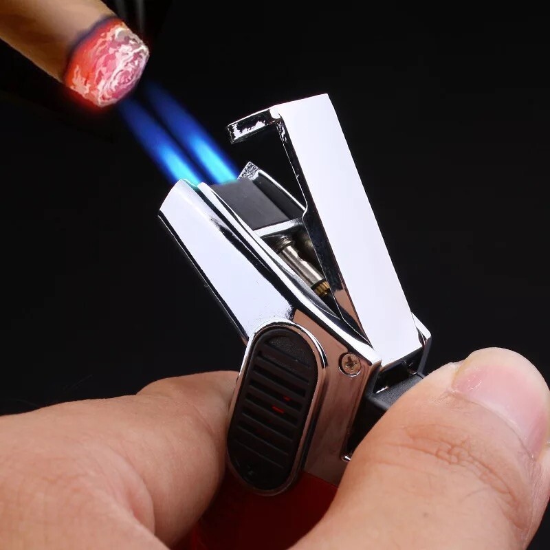 Double Flame Gun Jet Torch Lighter Windproof Cigar BBQ Torch Refillable - BLUE