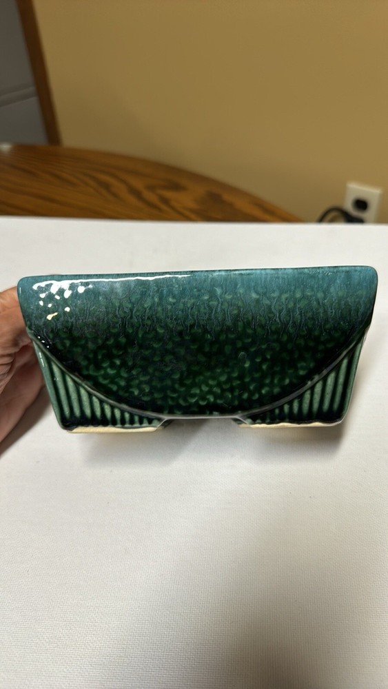 Hull Pottery USA 75 Footed Green with blue drip glaze Rectangular Planter