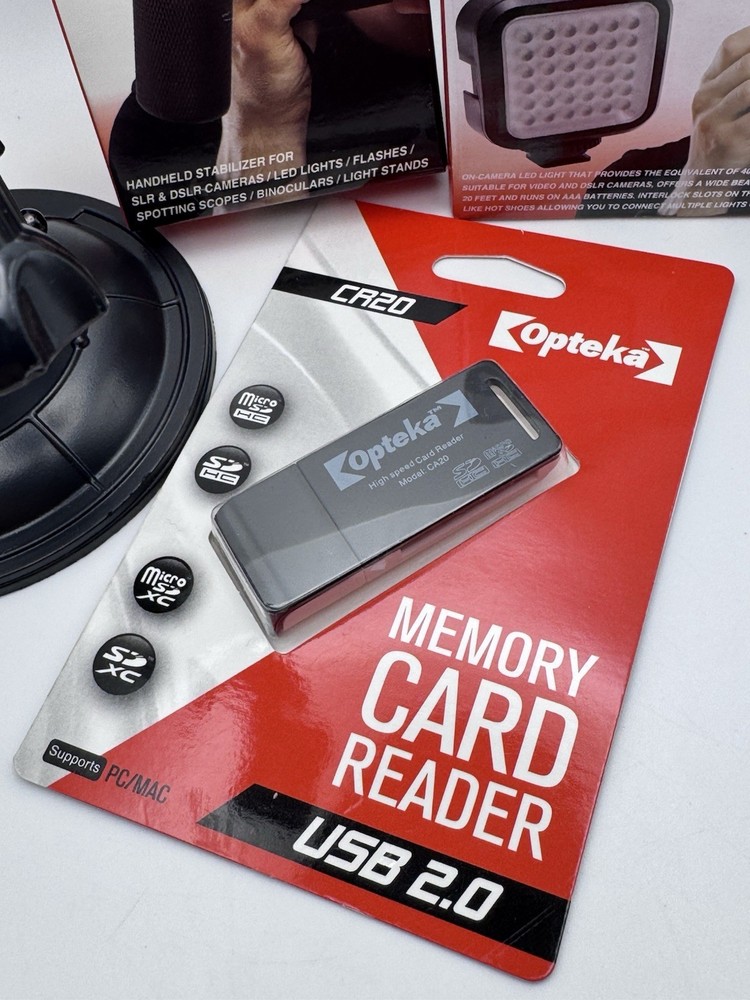 Opteka Camera Accessory Lot -LED Light , Suction Mount, Stabilizer, Card Reader