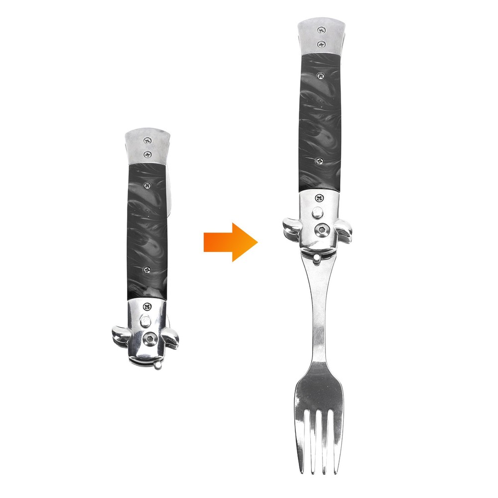 Black Folding Spring Camping Fork One Button Flick 304 Stainless Steel WT