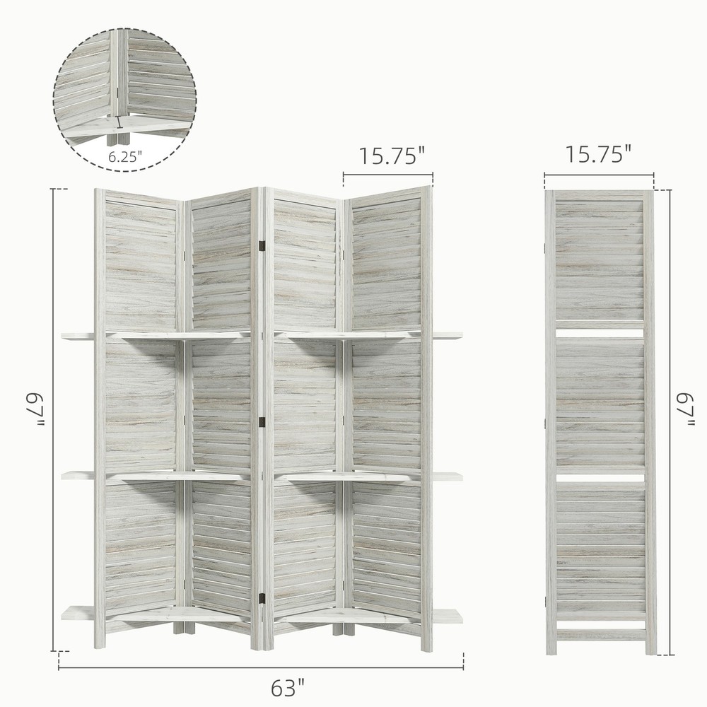 4 Panel Privacy Screen, Room Divider with 3 Shelves Distressed White