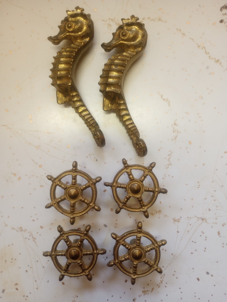 Vintage Pair Brass Seahorse Pulls and Ship's Wheel Pulls