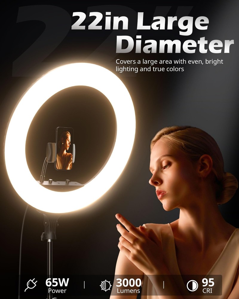 UBeesize 22'' Ring Light with 72'' Stand, 65W Large Ring Light with Phone Hol...