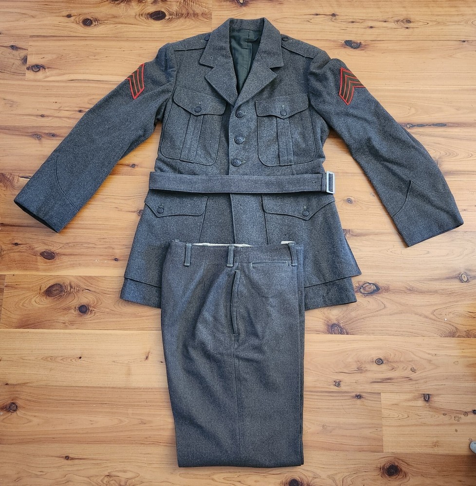 1950s USMC Sergeant Uniform, Green Wool Jacket/Pants/Belt, EUC