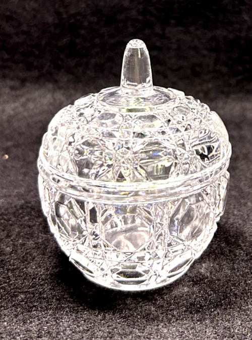 Vintage Clear Cut Glass Windsor Button Pattern Small Lidded Jar 2.75"H x 2.5"D