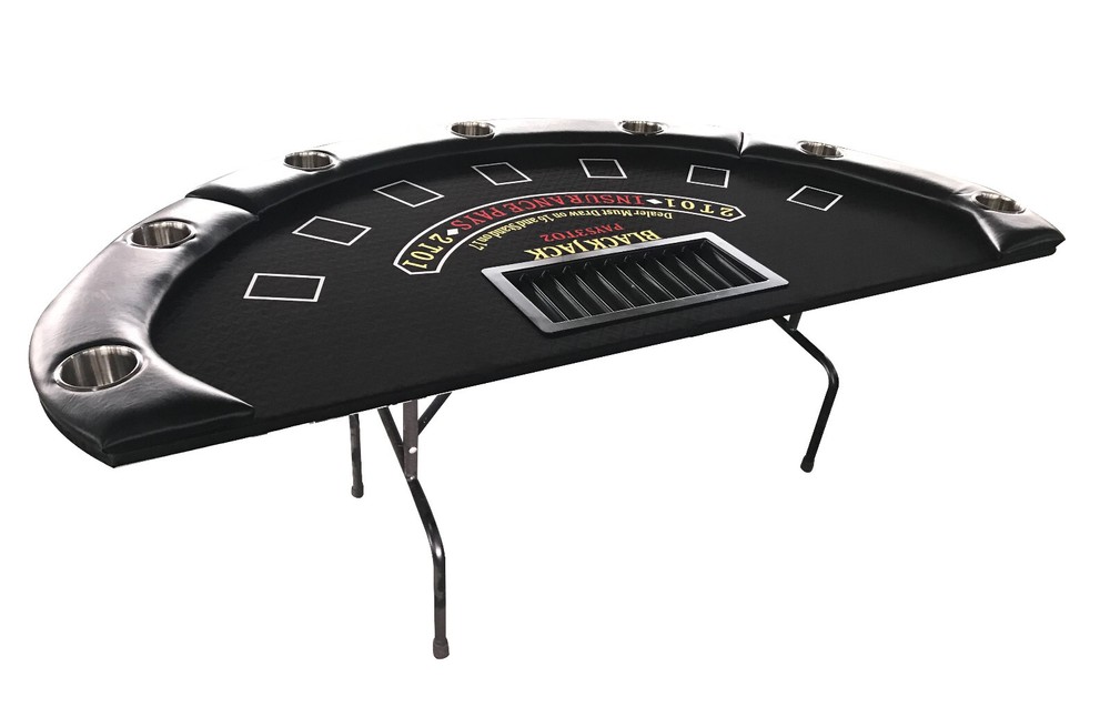 84" Blackjack Table, Folding Metal Legs, black felt, replaceable felt & armrest