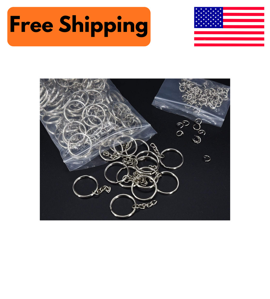 100 Pack 1” Key Rings with Chain & Open Jump Ring Split Round Keychain Bulk New