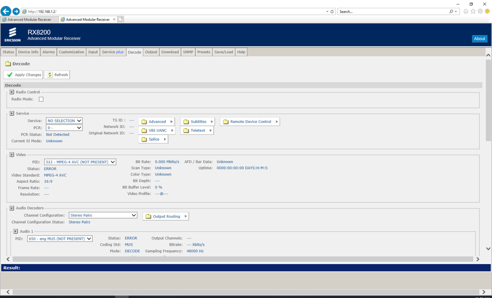 Ericcson RX8200 Advanced Module Receiver MPEG 2/4 Decoder 6 modules