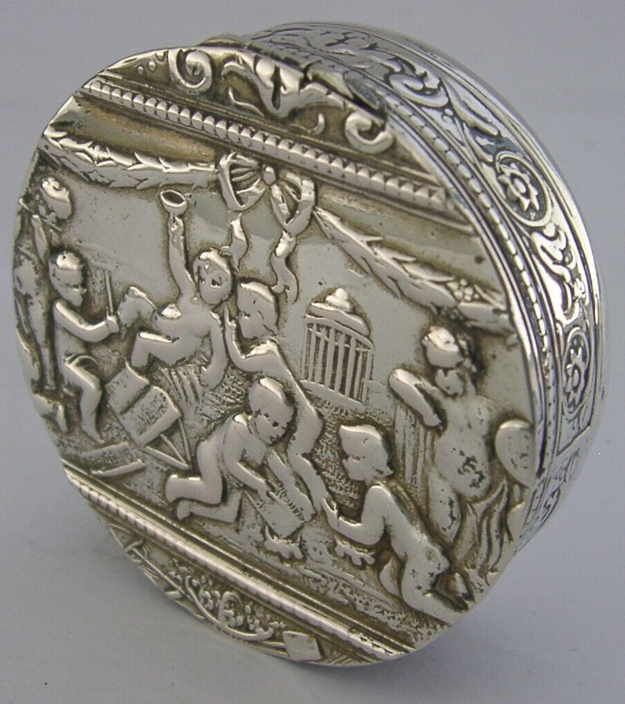 SUPERB GERMAN SOLID SILVER FIGURAL CHERUB SCENES BOX c1900 ANTIQUE