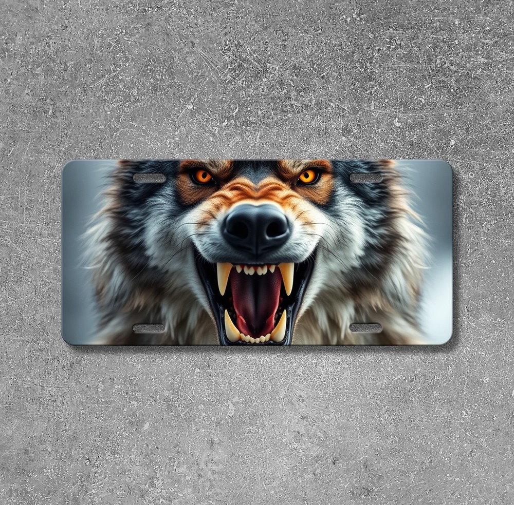Aggressive Wolf License Plate Fierce Expression Custom Vanity Plate Unique Gift