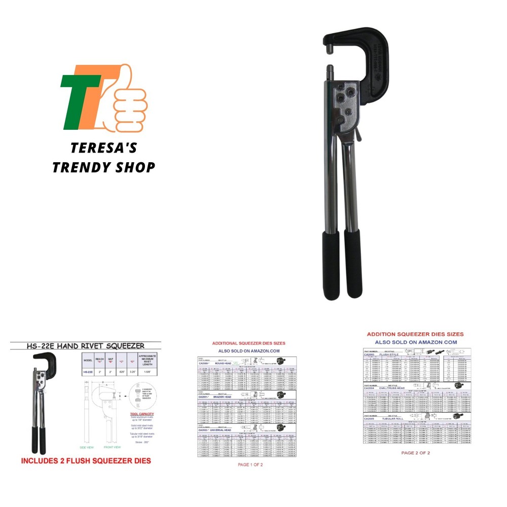 Hand Rivet Squeezer for Solid & Tubular Rivets, 2" , & 2" Gap. Will Set Rivet...