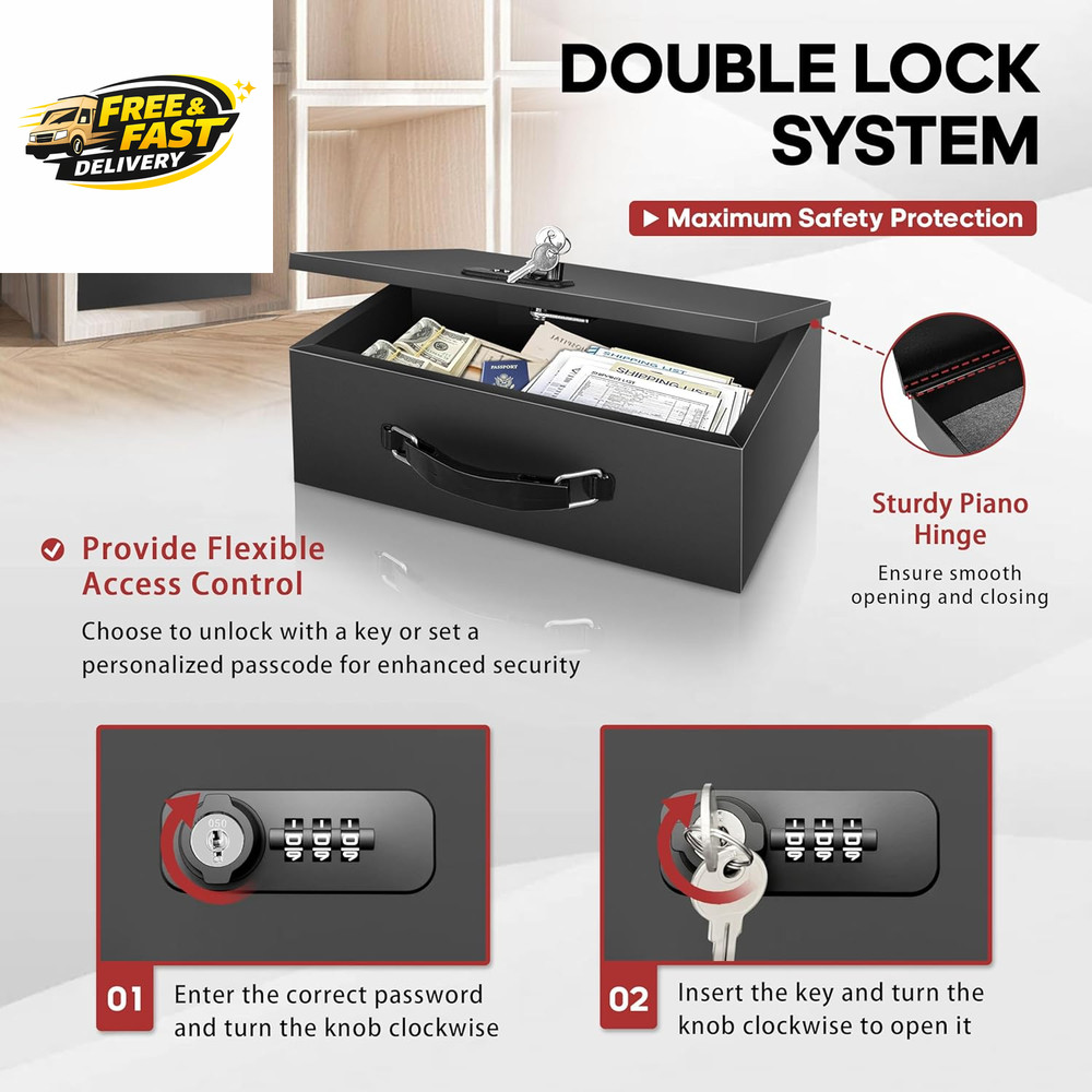 Fireproof Lock Box with Key and Combination Lock, Fire Safe Document Box,