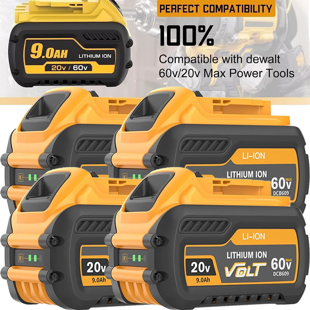 4PC 9Ah 20V/60V MAX Replacement for DEWALT Battery Lithium DCB615 DCB606 Tool