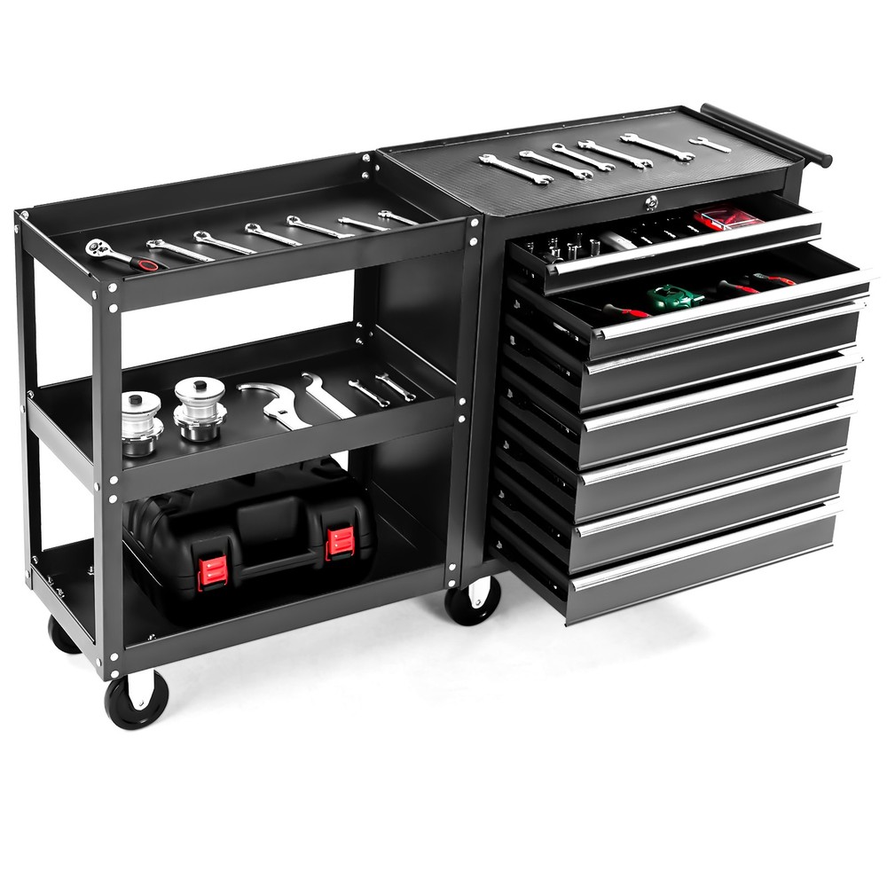 7-Drawer Mobile Tool Storage Solution with Lock, Key, 6 Wheels, Side Shelves