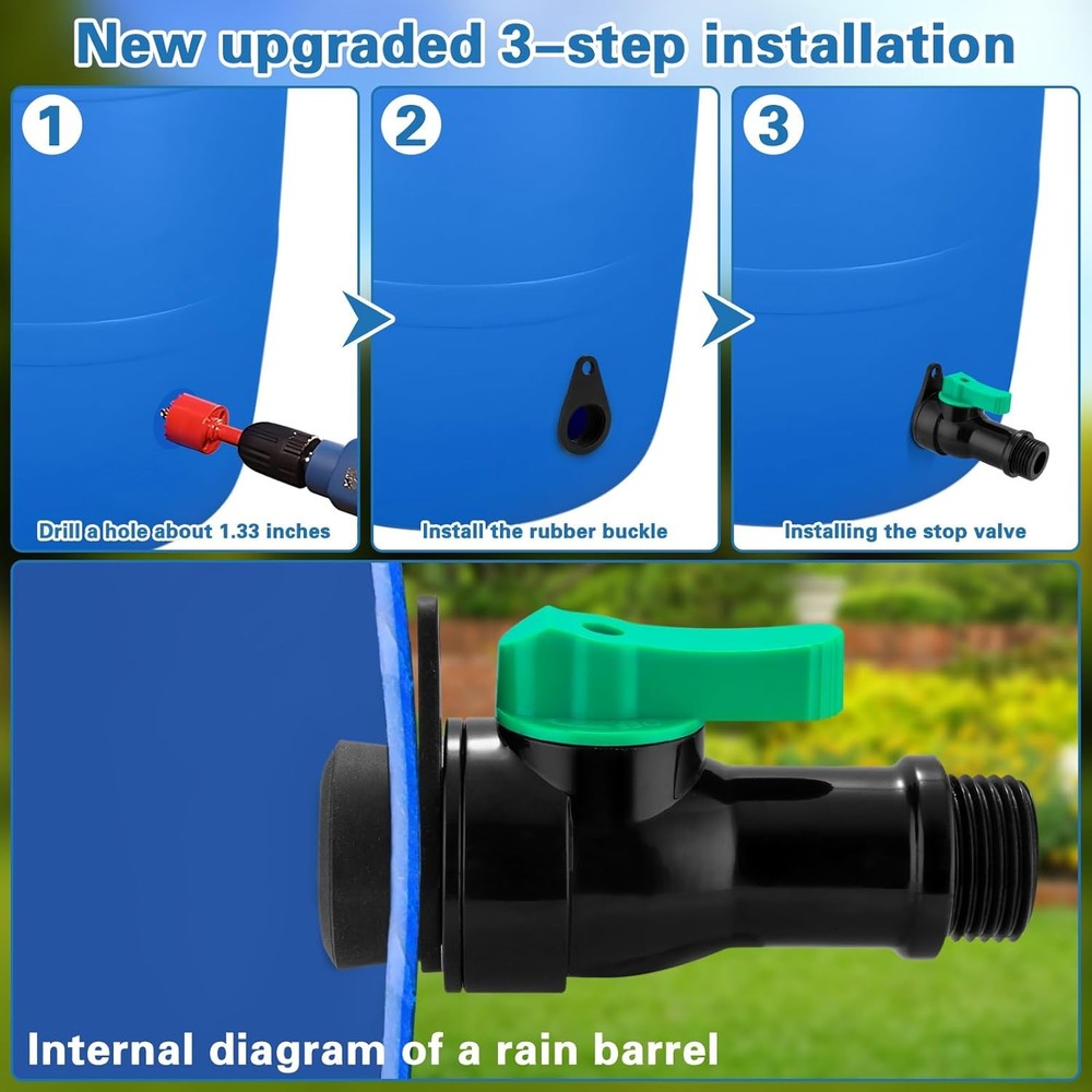 Rain Barrel Spigot Kit with High Flow Valve No Inside Access Needed,External Ins