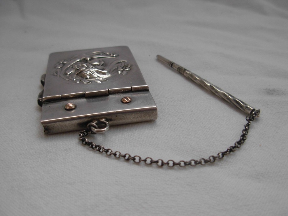 ANTIQUE GERMAN SOLID SILVER DANCE CARD,NOTE BOOK,PENDANT,ART NOUVEAU