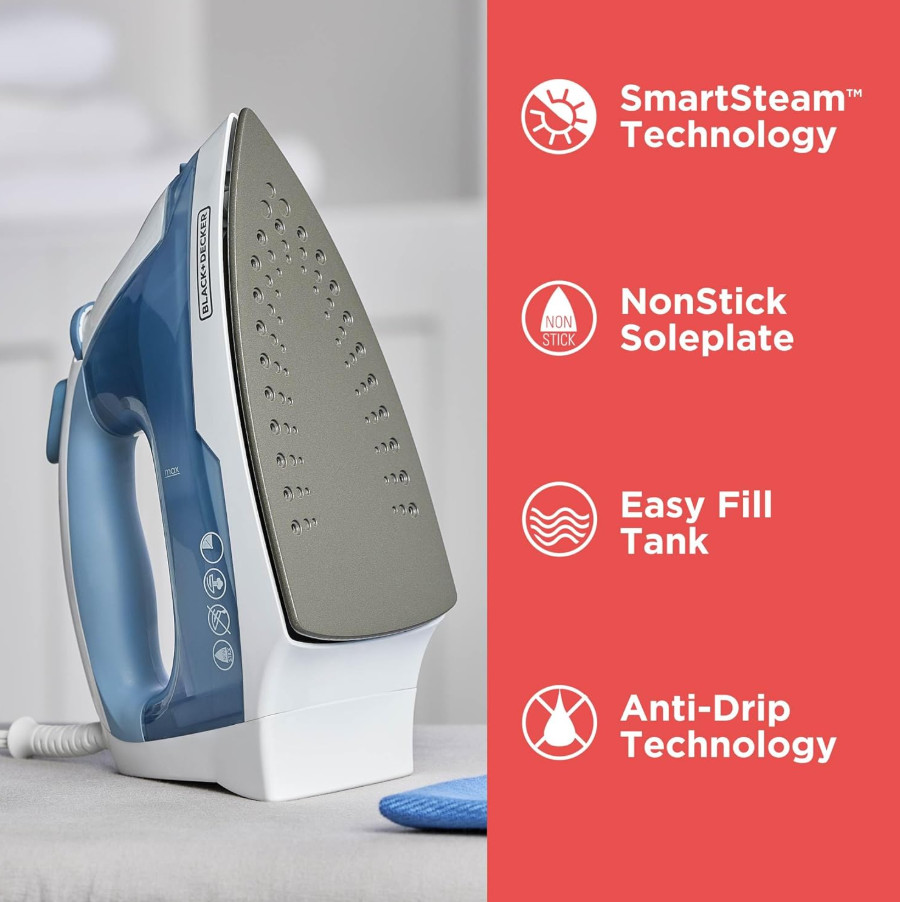 BLACK+DECKER Easy Steam Compact Iron for Clothes, Automatic Shutoff, Anti-Drip..