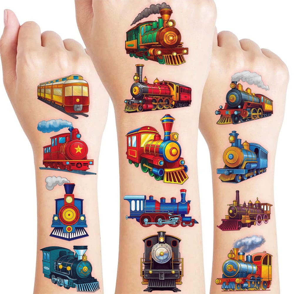 96 PCS Vintage Train Transportation Pre-Cut Temporary Tattoos for Multiple