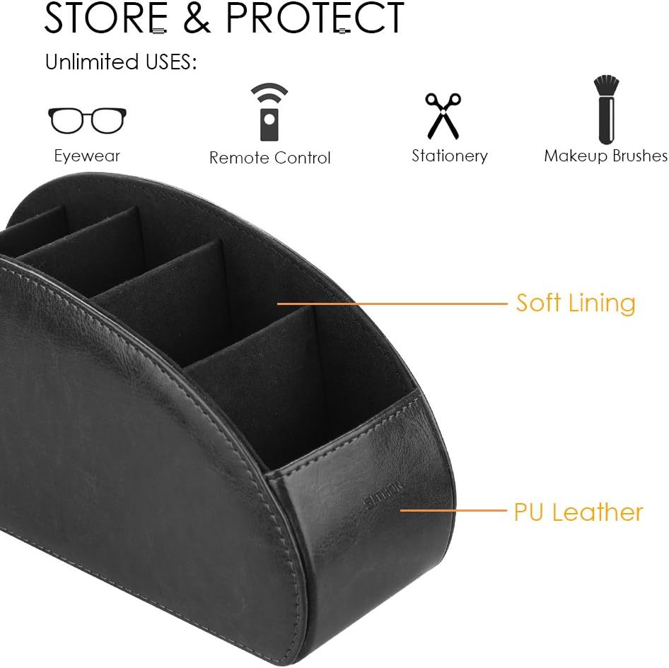 Remote Control Holder with 5 Compartments - PU Leather Remote Caddy Desktop Orga